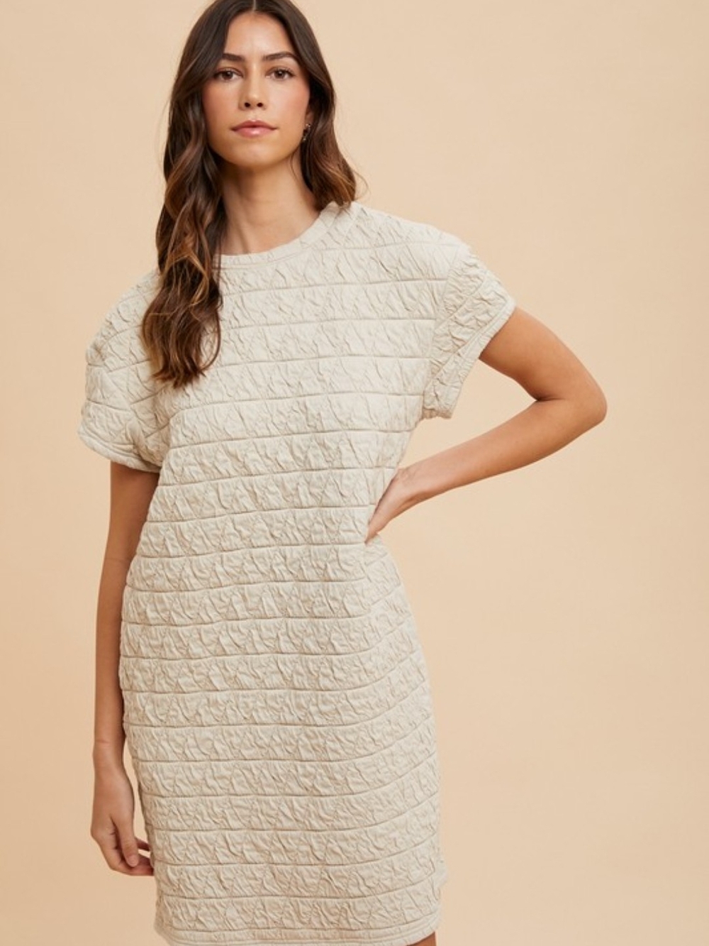 AnnieWear Quilted Short Sleeve Shift Dress in Cream NWT